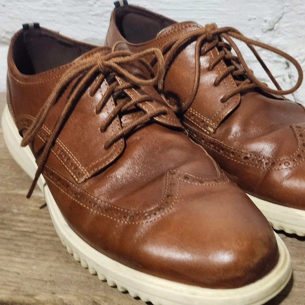 Cole Haan Mens Grand Plus Brown Leather Wingtip Oxford Shoes Brogue Size 11.5